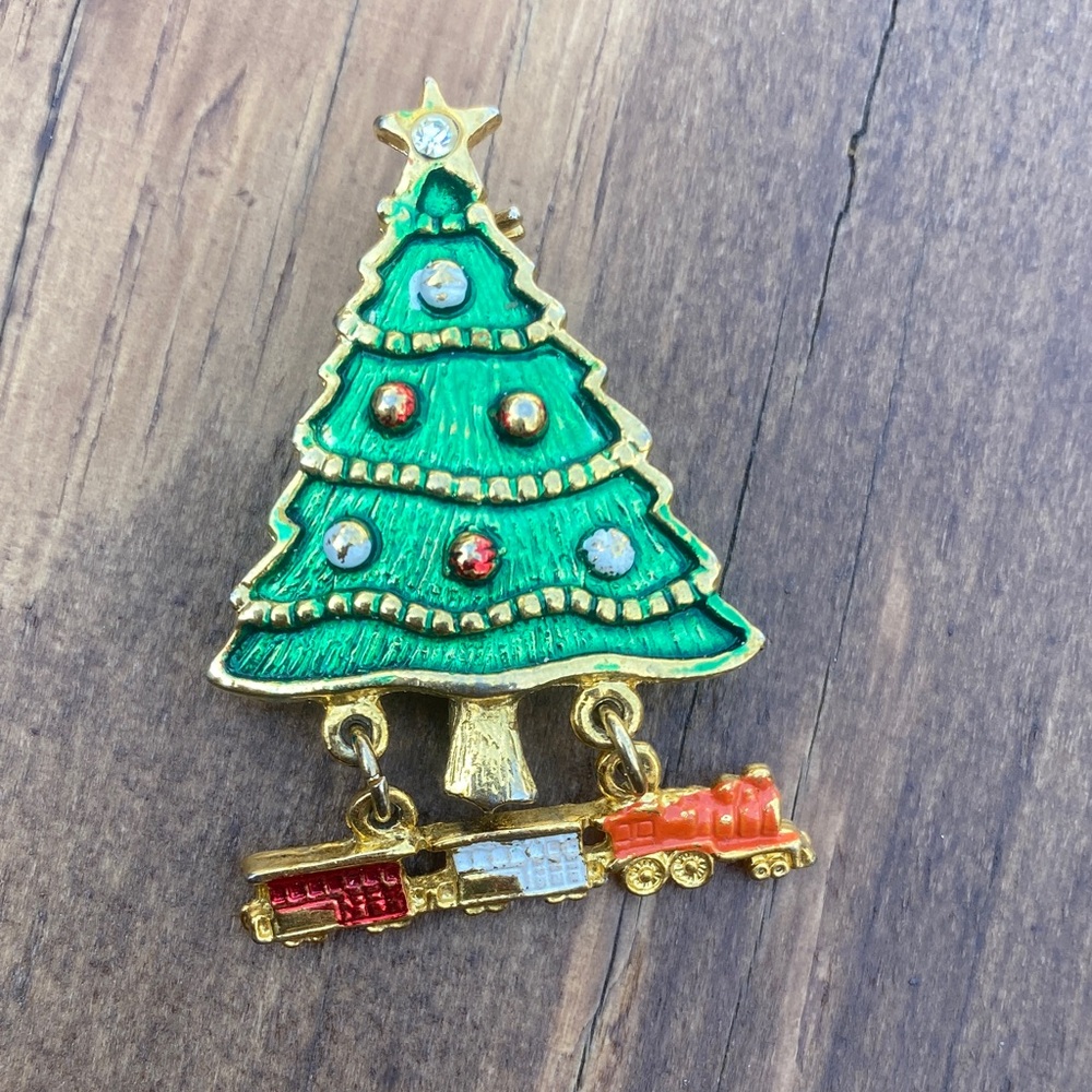 Vintage Christmas Tree Brooch with Train